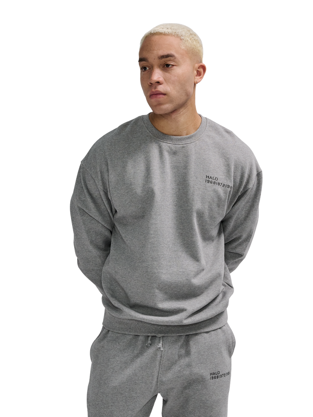 HALO ESSENTIAL CREW, GREY MELANGE, model