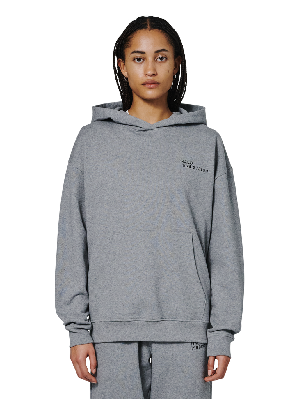 HALO ESSENTIAL HOODIE, GREY MELANGE, model