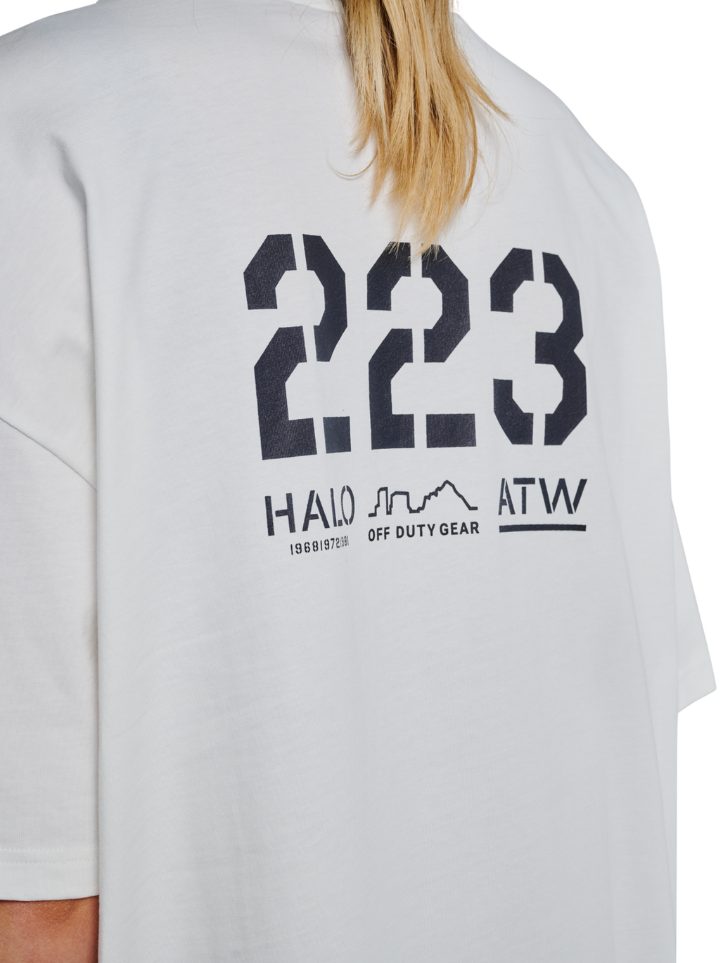 HALO GRAPHIC BOXY T-SHIRT, MARSHMALLOW/DEEP WELL, model