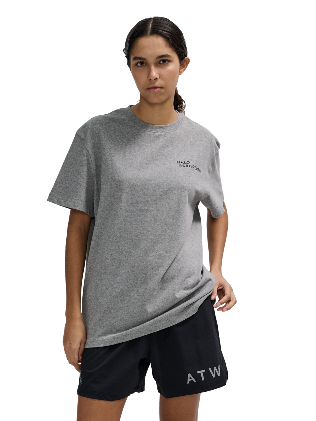 HALO ESSENTIAL T-SHIRT, GREY MELANGE, model