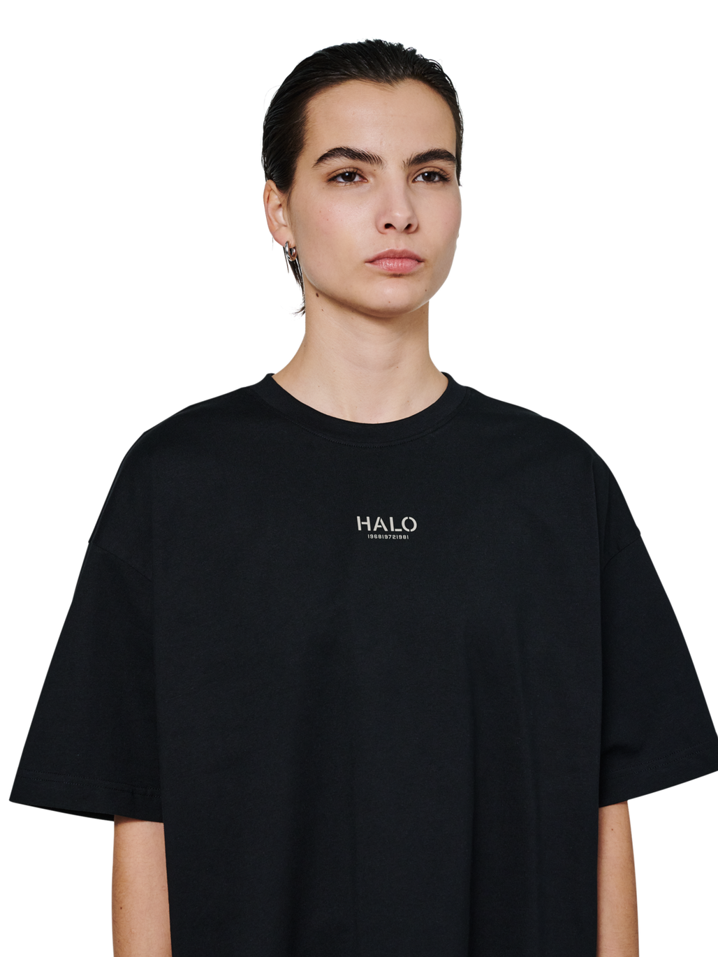 HALO GRAPHIC BOXY T-SHIRT, BLACK/SENECA ROCK, model