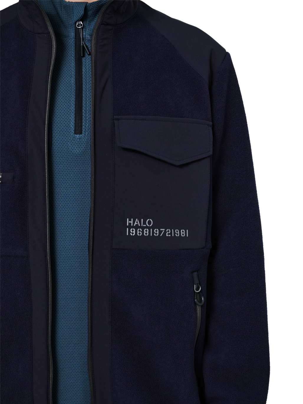 HALO PANELED FLEECE JACKET, DEEP WELL, model