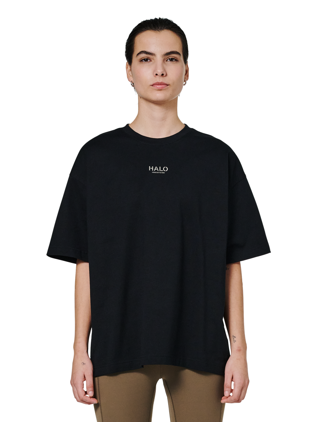 HALO GRAPHIC BOXY T-SHIRT, BLACK/SENECA ROCK, model