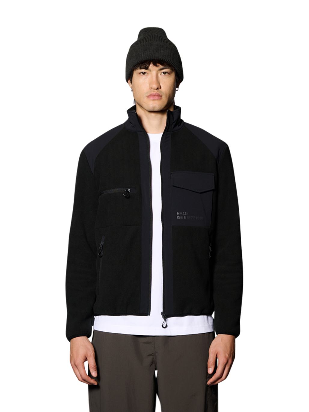 HALO PANELED FLEECE JACKET, BLACK, model