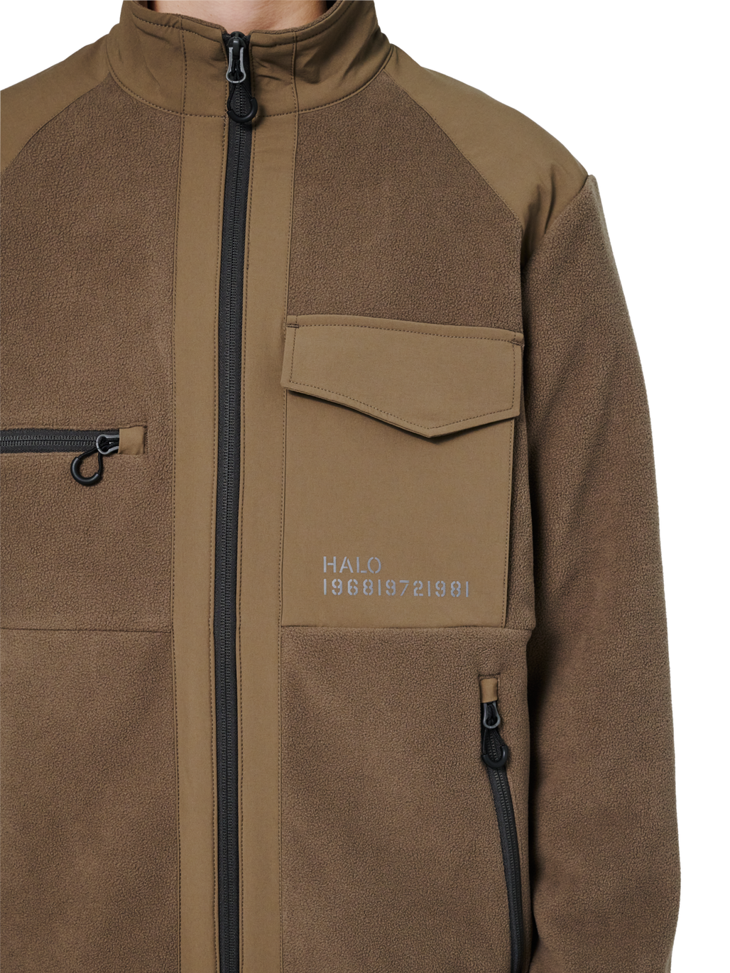 HALO PANELED FLEECE JACKET, CHOCOLATE CHIP, model