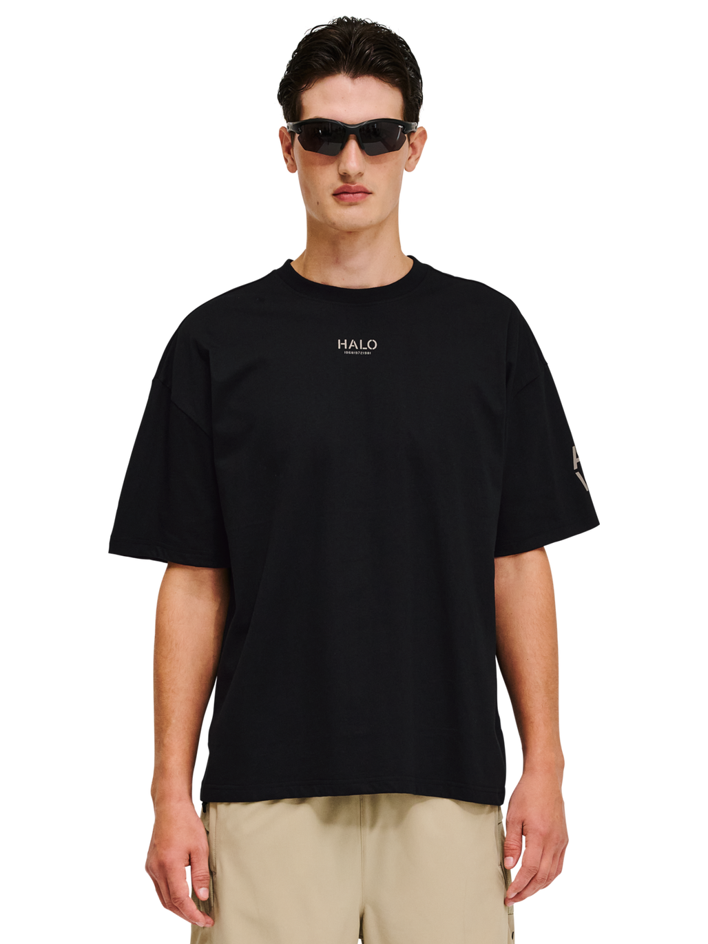 HALO GRAPHIC BOXY T-SHIRT, BLACK/SENECA ROCK, model