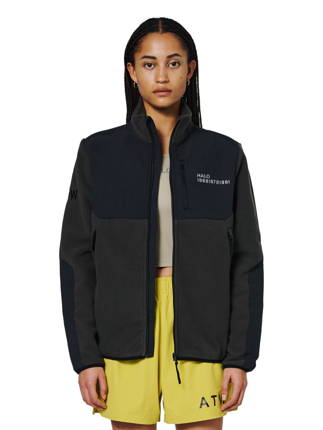 HALO BLOCKED ZIP FLEECE, RAVEN, model
