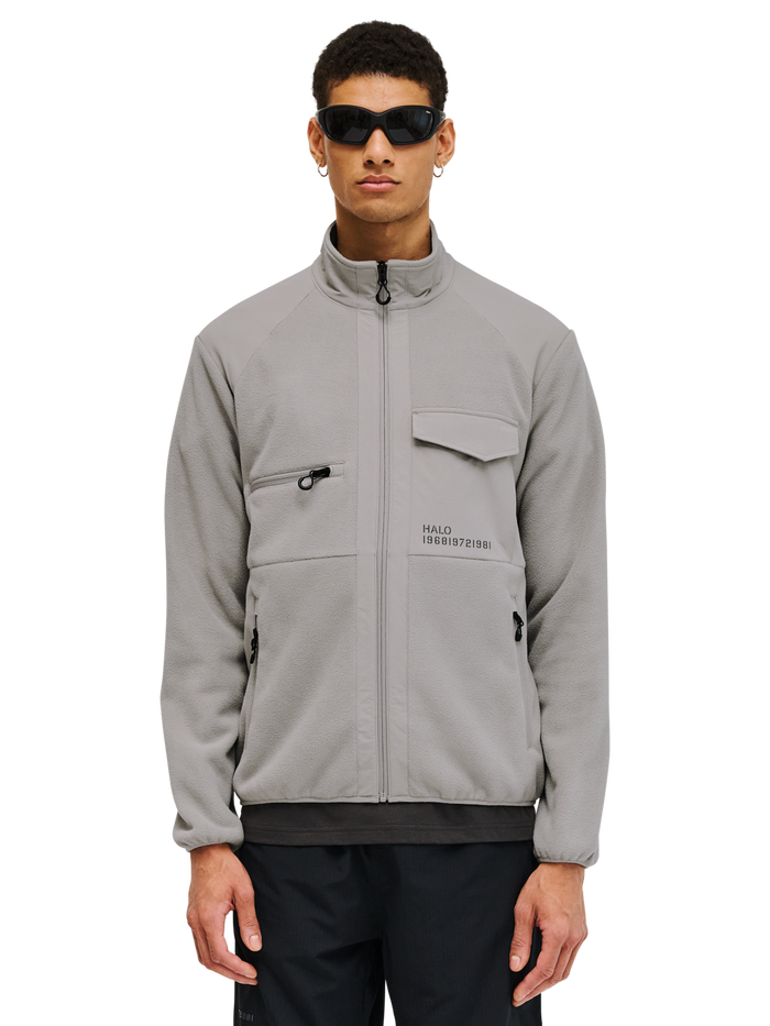 HALO PANELED FLEECE JACKET, MOURNING DOVE, model