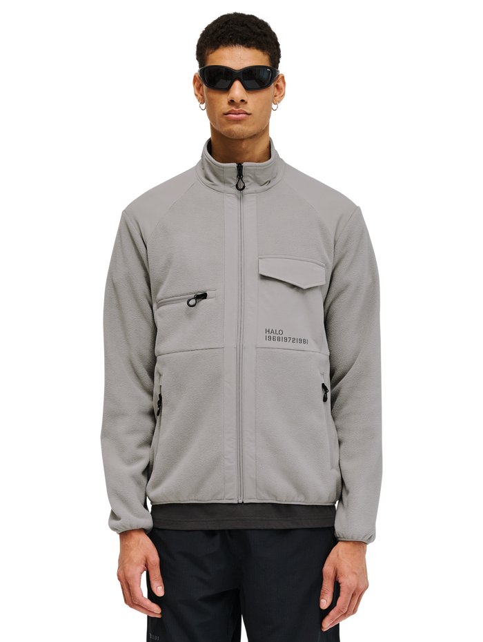 HALO PANELED FLEECE JACKET, MOURNING DOVE, model