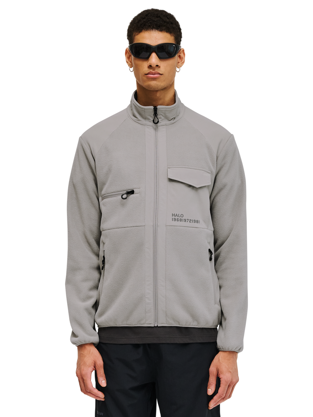 HALO PANELED FLEECE JACKET, MOURNING DOVE, model