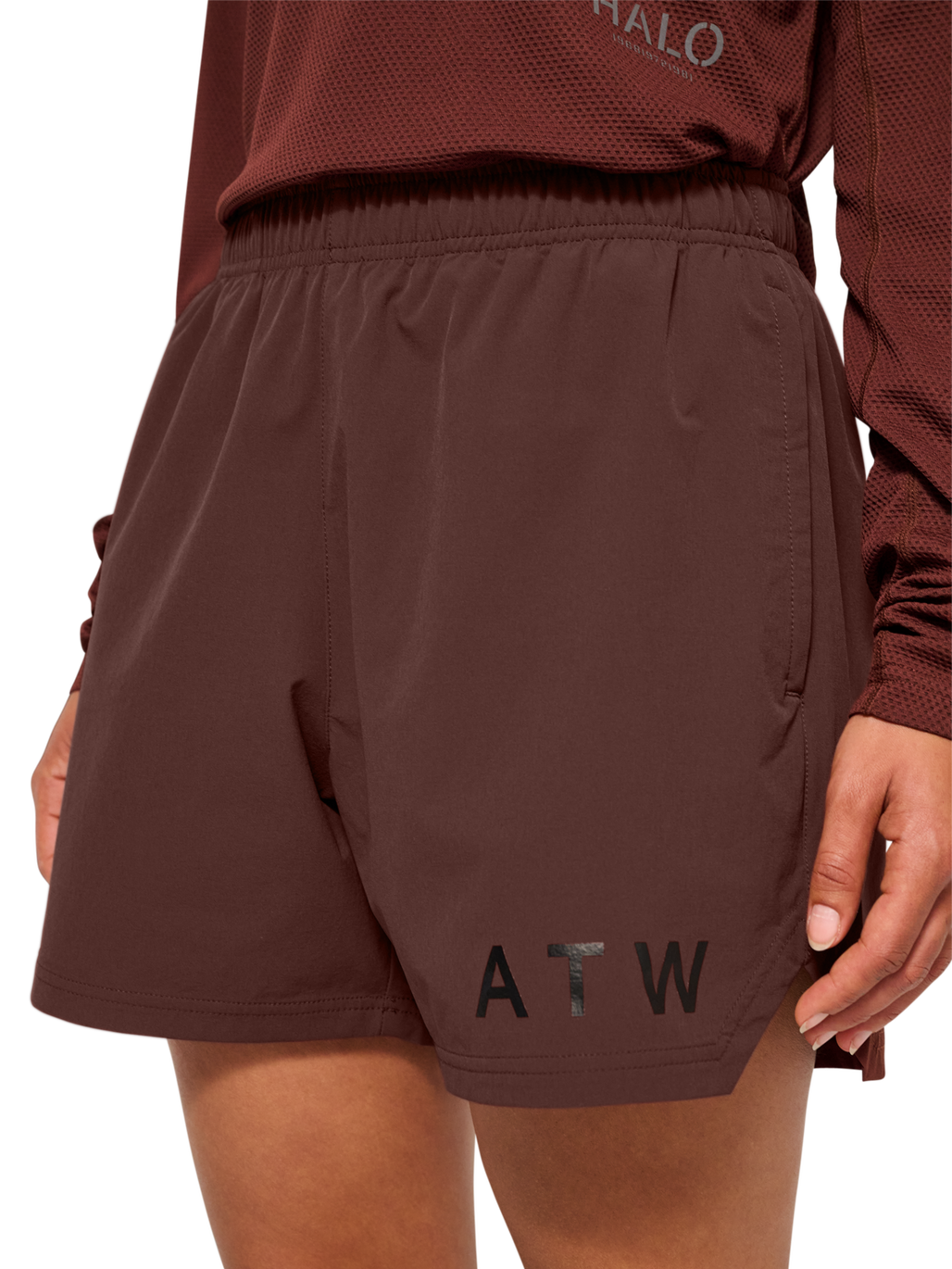 HALO SHORTS, BITTER CHOCOLATE, model