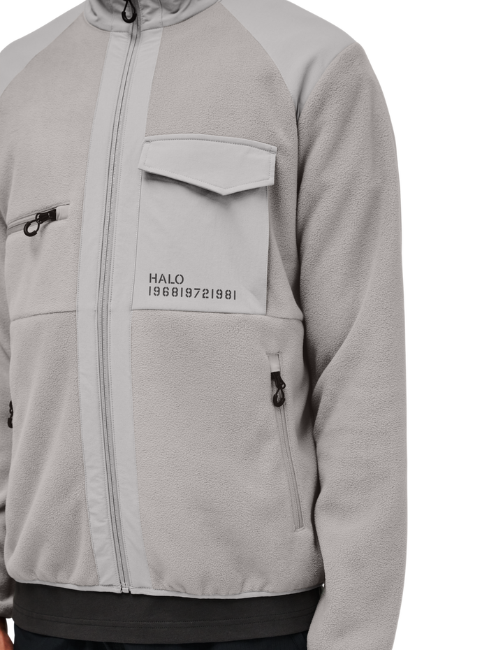 HALO PANELED FLEECE JACKET, MOURNING DOVE, model