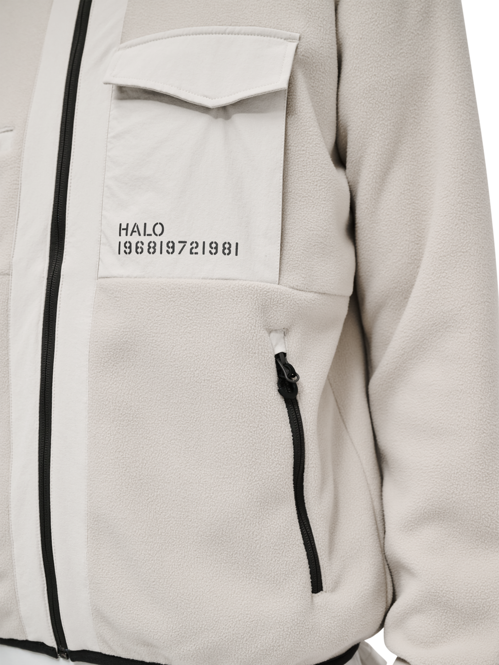 HALO PANELED FLEECE JACKET, SILVER LINING, model