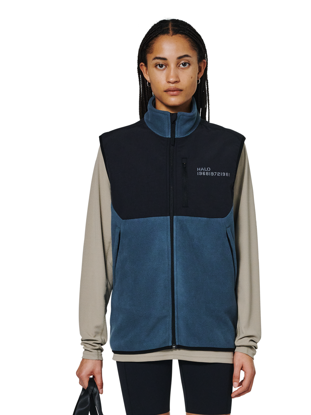 HALO BLOCKED FLEECE VEST, DARK SLATE, model