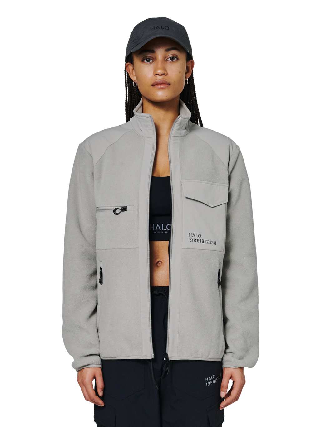 HALO PANELED FLEECE JACKET, MOURNING DOVE, model