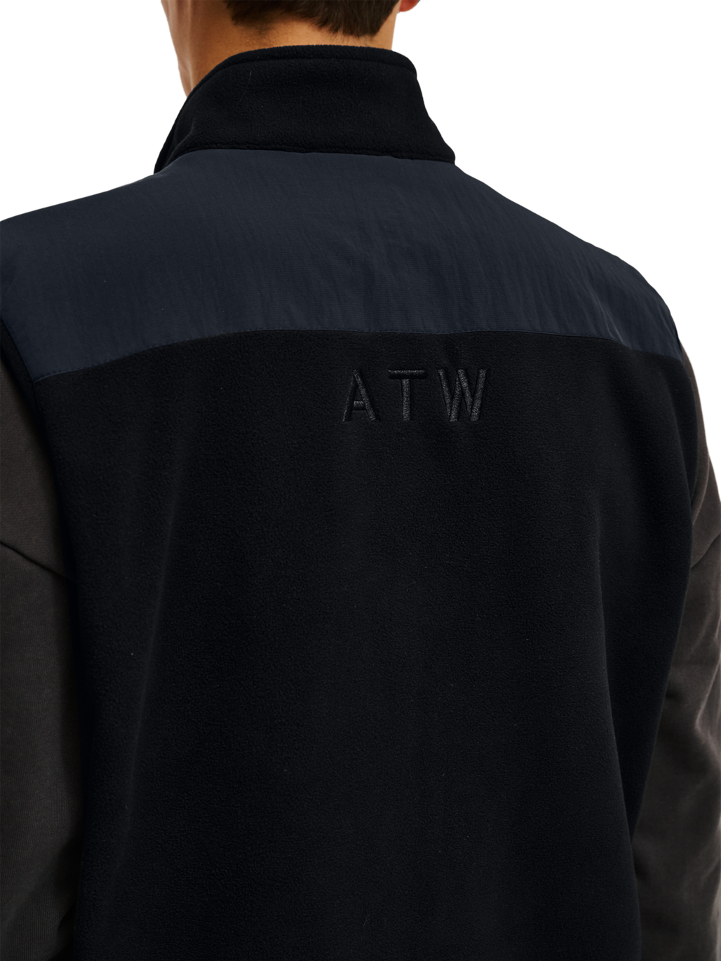 HALO BLOCKED FLEECE VEST, BLACK, model