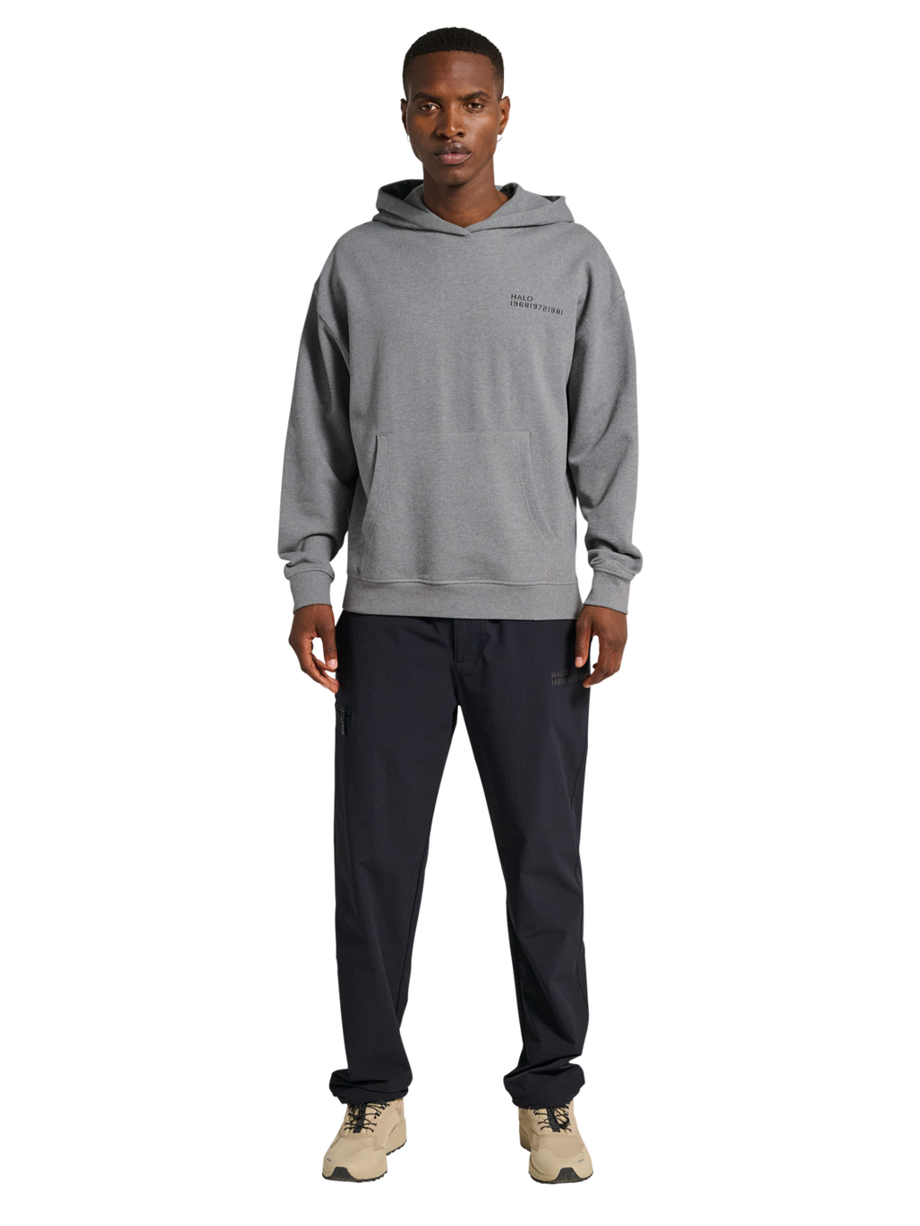 HALO ESSENTIAL HOODIE, GREY MELANGE, model