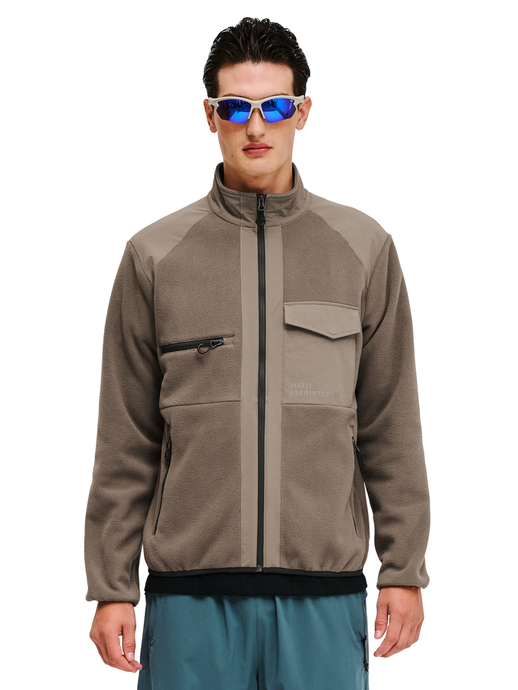 HALO PANELED FLEECE JACKET, CHOCOLATE CHIP, model