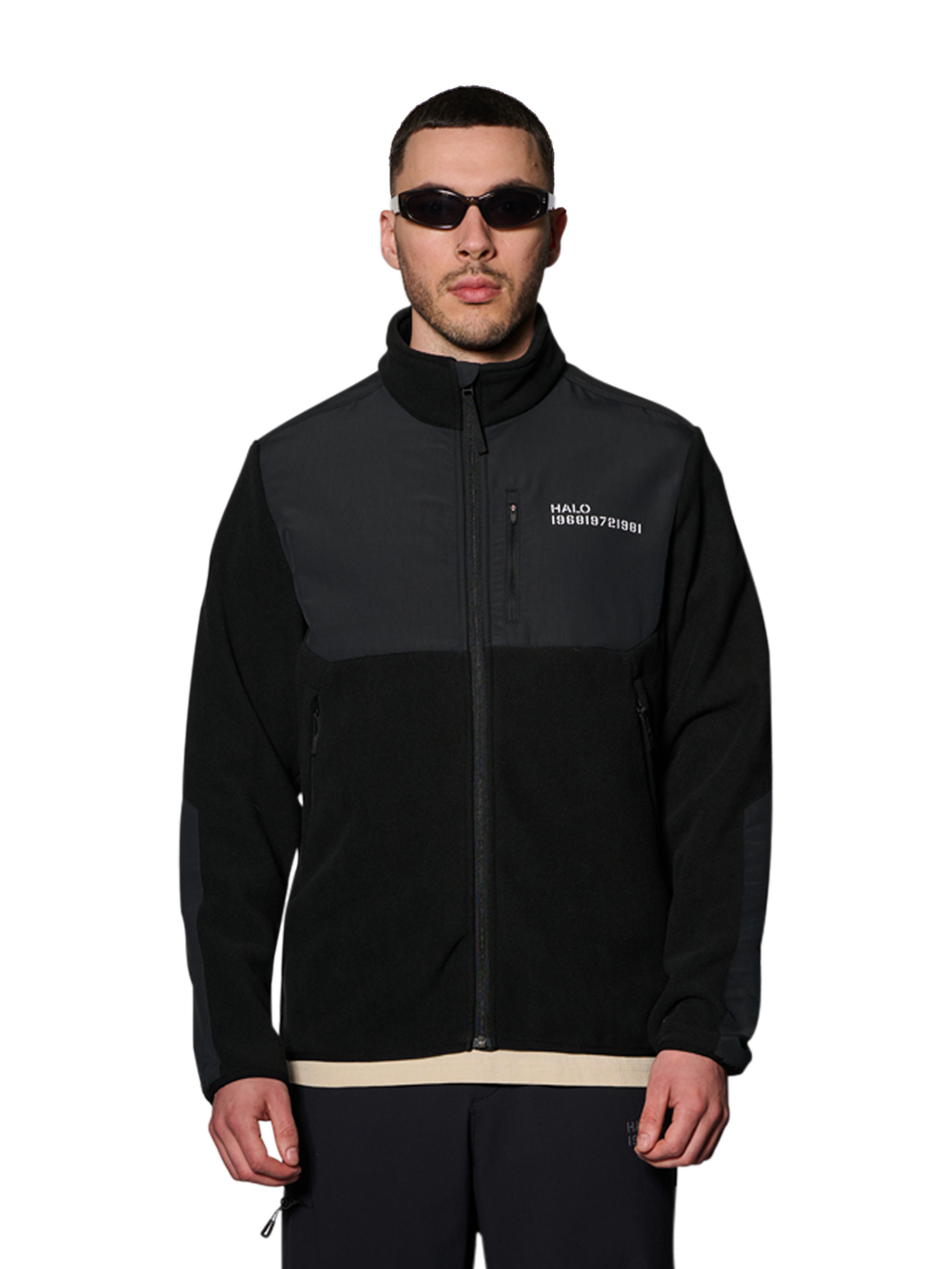 HALO BLOCKED ZIP FLEECE, BLACK, model