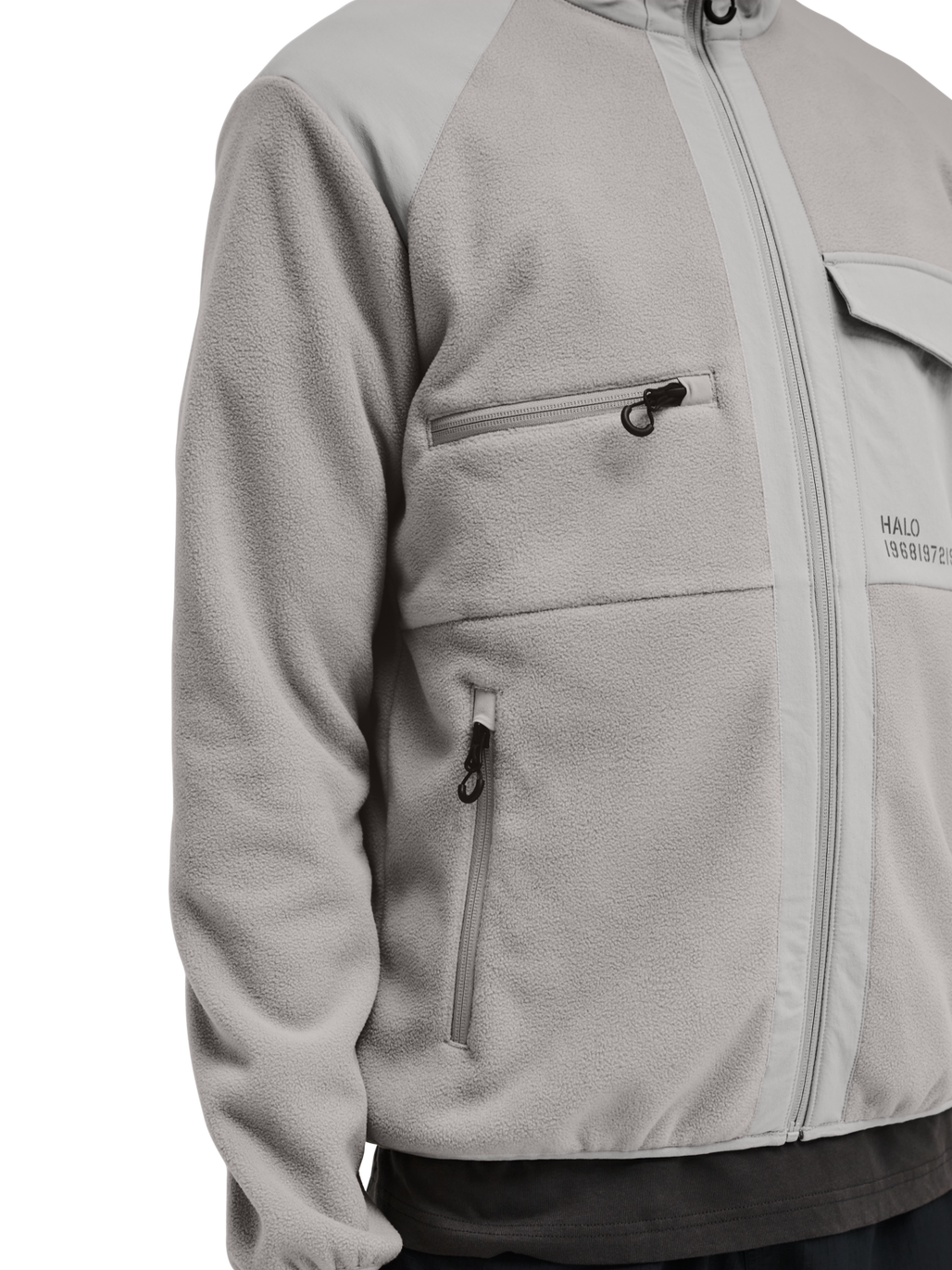 HALO PANELED FLEECE JACKET, MOURNING DOVE, model