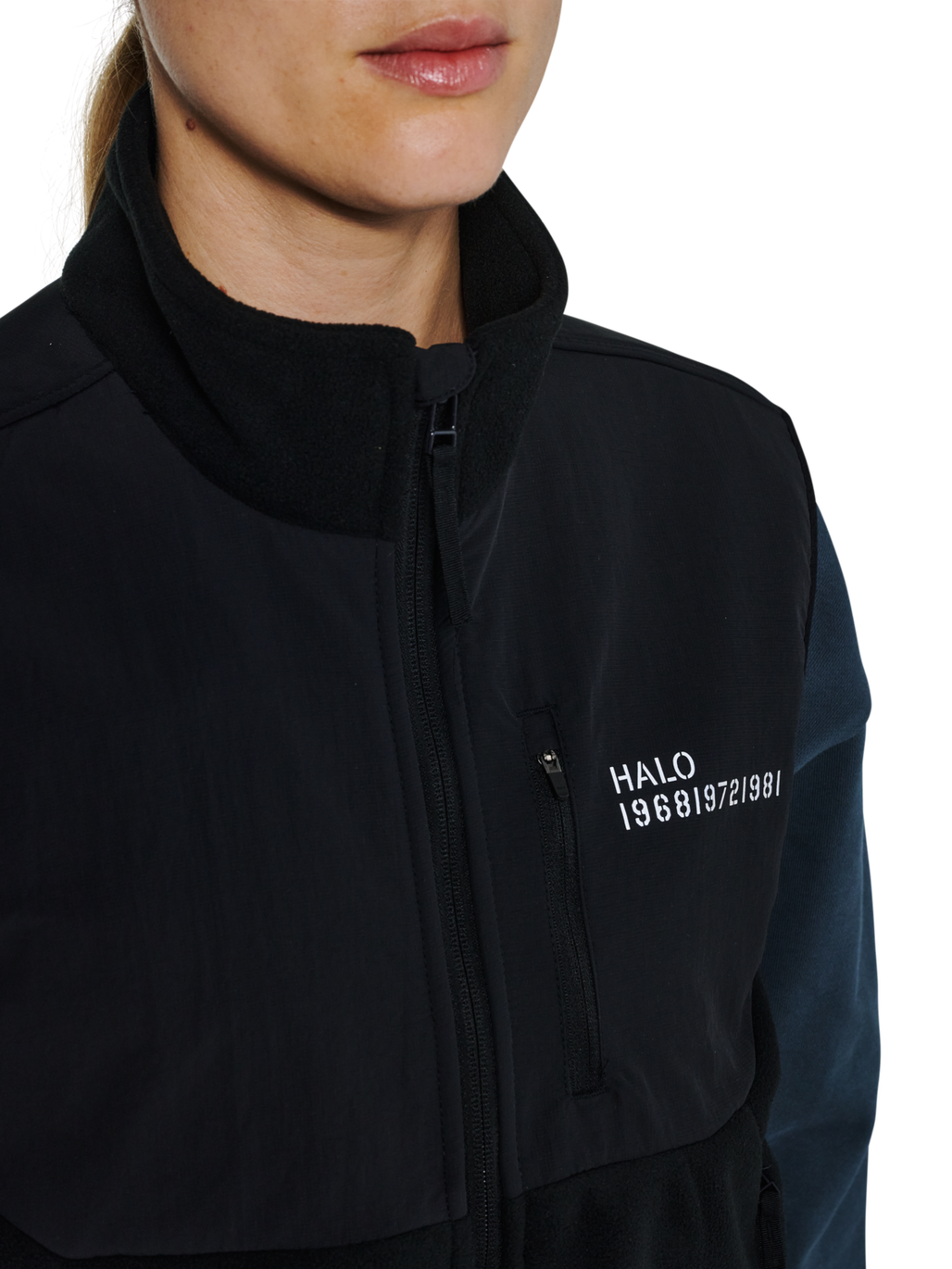HALO BLOCKED FLEECE VEST, BLACK, model