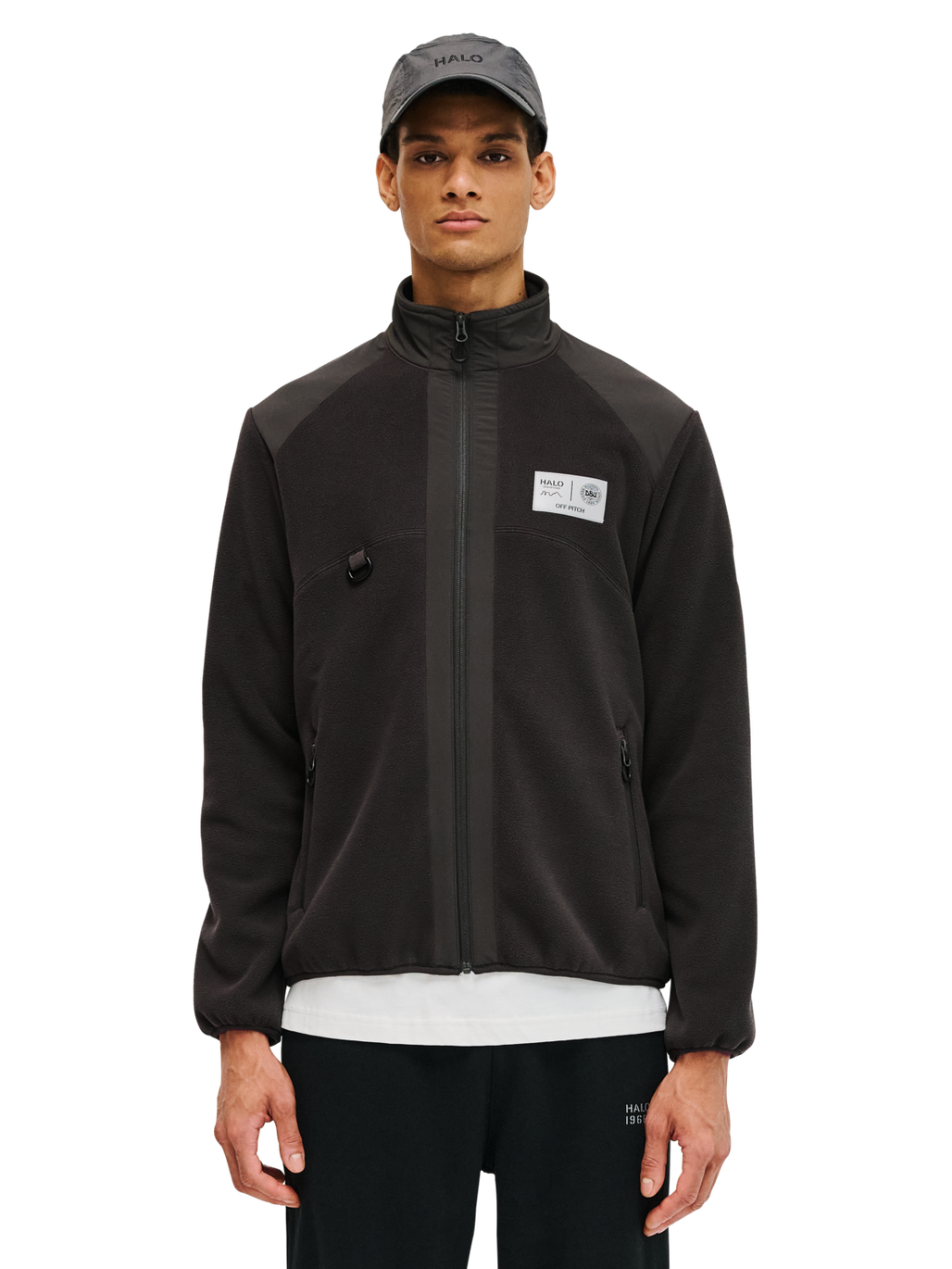 HALO DBU PANELED FLEECE JACKET, RAVEN, model